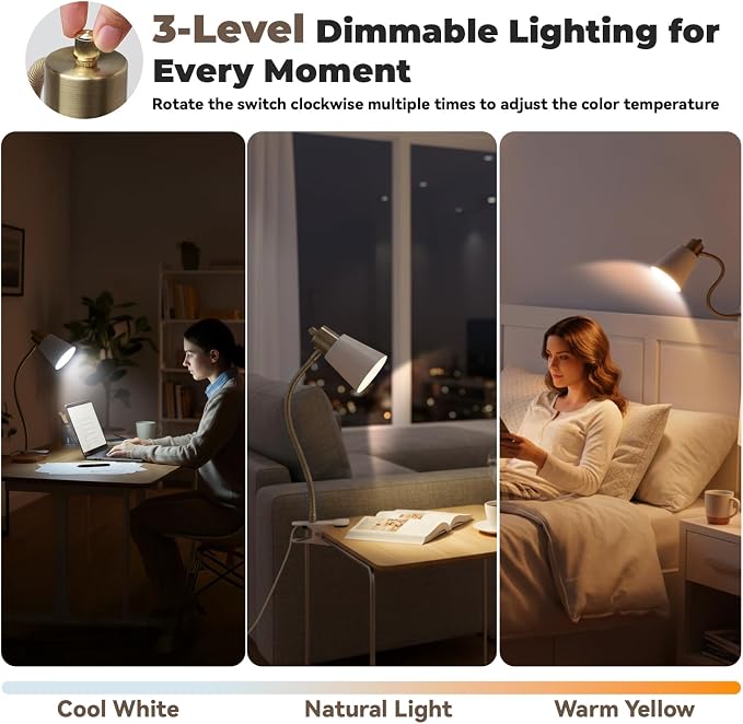 Desk lamp Eye-Caring Table Lamps, 360°Rotation Gooseneck Clip on Lamp Reading Light, Portable Reading Book Light, Clamp Light, Study Desk Lamps for Bedroom and Office Home Lighting (Black and White)