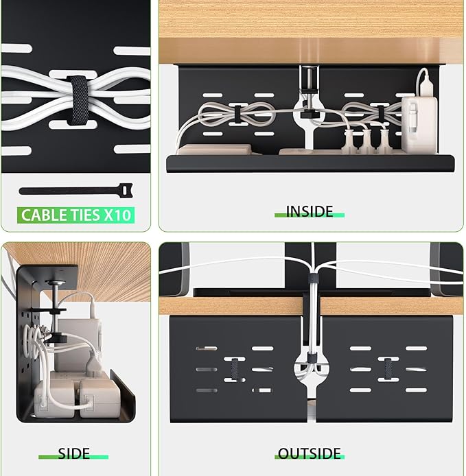 KEEGH 16" Under Desk Cable Management Tray, No Drill Clamp Mount, Extra Large Desk Cord Organizer Upgrade Capacity, Cord Management Tray for Home Office, Gaming Desk, Standing Desk, Black, 3 Pack