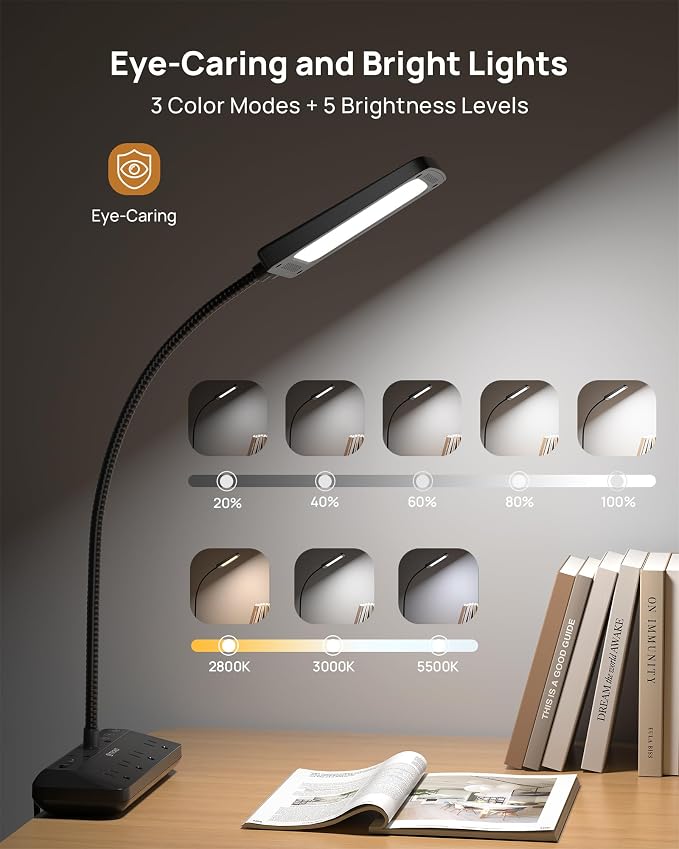 TROND LED Desk Lamp with Clamp Power Strip, 6ft Flat Plug Extension Cord | Eye Caring Desk Light with 4 Surge Protector Outlet, 15 Lighting Mode, Gooseneck for Home Office College Dorm Room Essentials