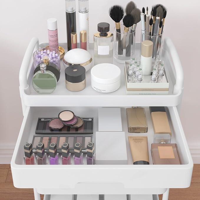 Calmootey 3-Tier Utility Cart with Drawer & Wheels, Storage for Home,Office | Space-Saving Organizer, Sturdy Plastic Shelves, Smooth-Rolling Metal Wheels, Built-in Drawer for Small Items, White
