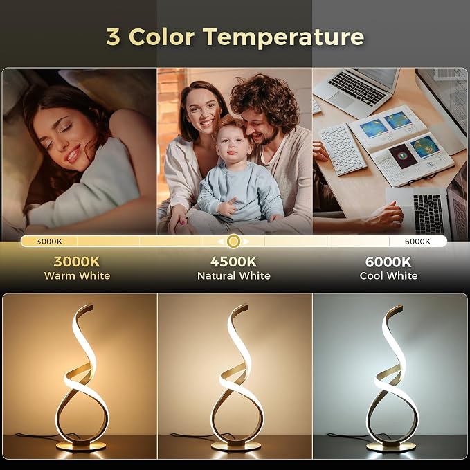 2 Pack Bedside Table Lamp, LED Spiral Desk Light, Touch Dimmable | 3 Color Temperature, Modern Nightstand Light for Night Stands, Unique Side Light for Bedroom, Living Room, Gold