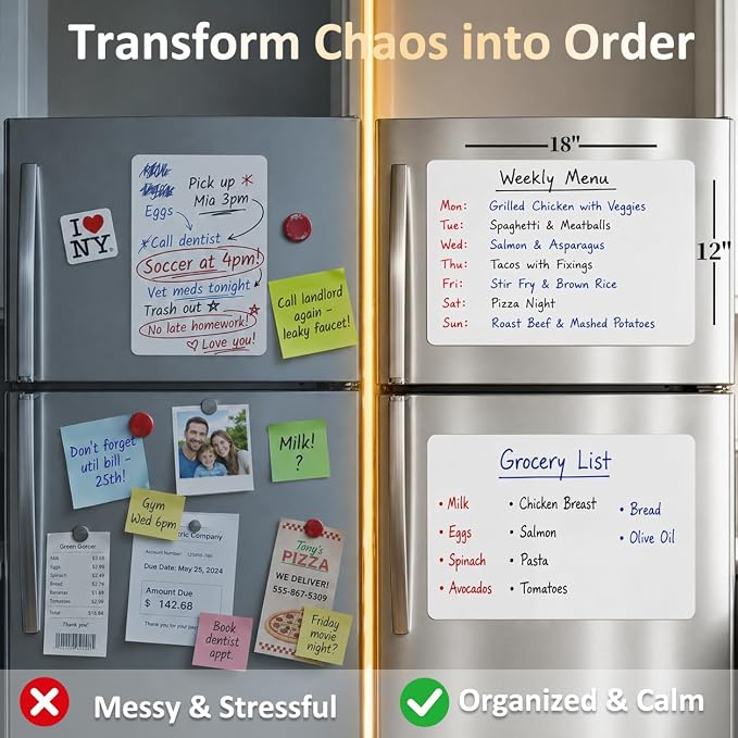 Magnetic Whiteboard for Kitchen Fridge: 2-Pack for a Clearer Week | Dry Erase Sheets for Shopping Lists & Weekly Menus - 12" x 18" Dual Purpose Refrigerator Set with 3 Markers & 1 Eraser