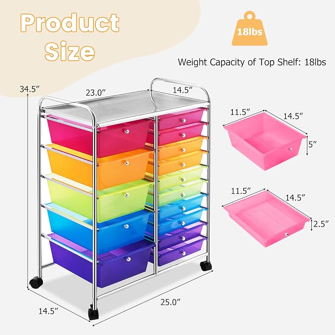 COSTWAY 15 Drawer Rolling Storage Cart, Mobile Storage Organizer | Removable Drawers & Metal Frame, Multipurpose Utility Tools Paper Organizer on Wheels for Home, Office (Rainbow)