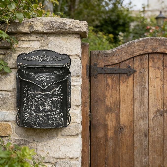 Wall Mount Mailbox for Outside Vintage Mail Boxes for House Outside Metal Door Mailbox Drop Box Antique Style Nostalgic Charm Home Decorative, Flower Pattern, Black