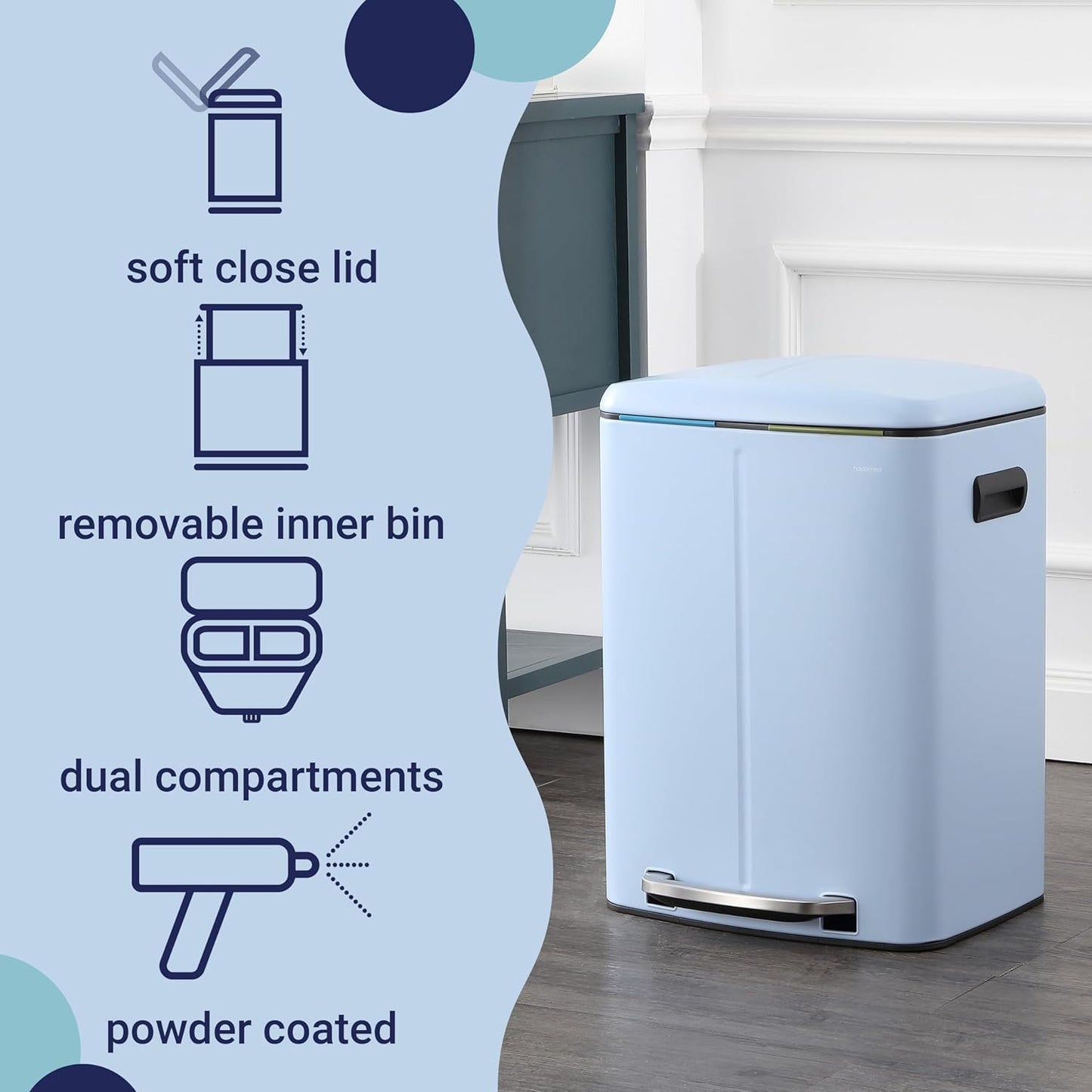 happimess HPM1005H Marco Rectangular 10.6-Gallon Double Bucket Trash Can with Soft-Close Lid, Tide Pool Blue, Fingerprint Resistant, Modern, Minimalistic for Home, Kitchen, Office, Bedroom, Bathroom