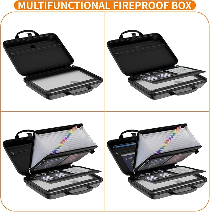 Tamfile Fireproof File Organizer with Lock,Hard Case Fireproof Document Box | 13 Transparent Pockets Accordion File Folder, Office Important Document Organizer for Letter A4 Files Laptop Passports, Black