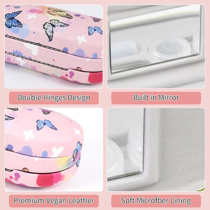 2 in 1 Contact Lens Case and Eyeglasses Case for Women Men Kids, Double Sided Hard Shell Portable Glasses Travel Holder with Built-in Mirror, Contact Lens Box (Pink Butterfly)