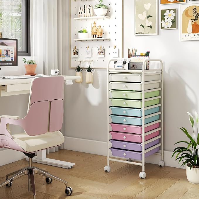 COSTWAY 10-Drawer Rolling Storage Cart, Ice Cream Colorful (Ice Cream Colorful,13"L x 15"W x 34"H (10 Drawer))