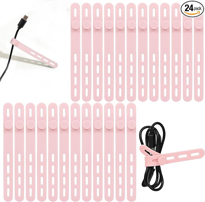 Donruby 24Pcs Silicone Cable Ties - Reusable & Washable with Locking Buckles, Adjustable Fastening Cable Management Straps, Multi-Purpose High Elasticity Cord Organizer (Pink)