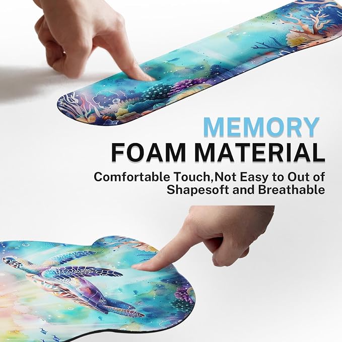 Ergonomic Mouse Pad Set with Wrist Rest, Cute Sea Turtle | Coral Reef Ocean Non-Slip Rubber Base Wrist Cushion Support and Coasters Mousepad with Wrist Support for Computer Keyboard