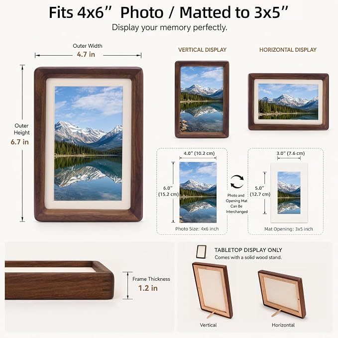 Solid American Black Walnut Picture Frame, 4x6 matted to 3x5 Photo | Natural Wood, Tabletop, Decorative Joinery Corners, Horizontal or Vertical Display