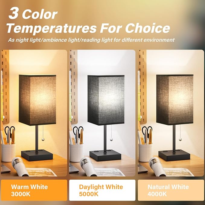 Black Lamp for Bedroom - 3 Color Temperatures, USB A+C, 2 AC Outlets | Pull Chain Switch, LED Bulb Included, Black Fabric Shade, 17.4" Table Lamp for Nightstand, Desk, Living Room, Office