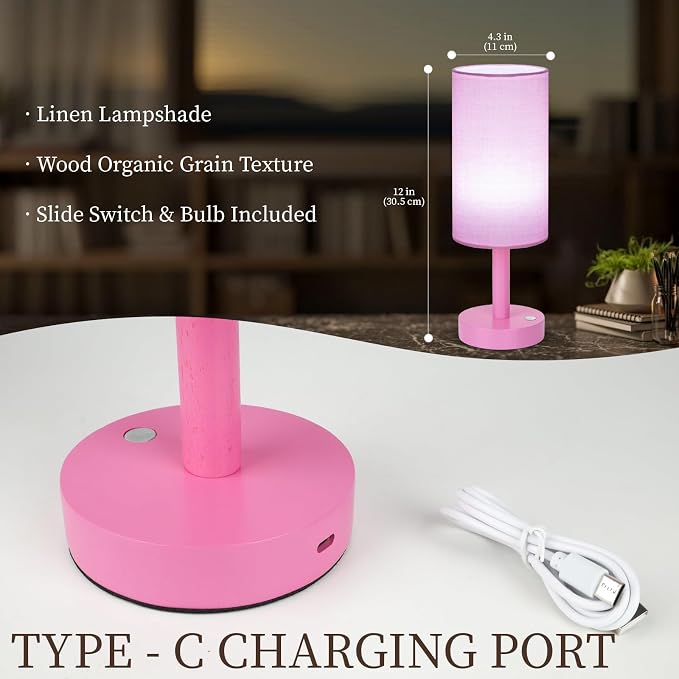 LALISU Small Table Lamp Nightstand Lamp Linen Lampshade Bedroom Wood Base Small Bedside Lamp for Night Stands, Desk Lamps for Reading Living Room, Office (LED Bulb Included) (Pink)