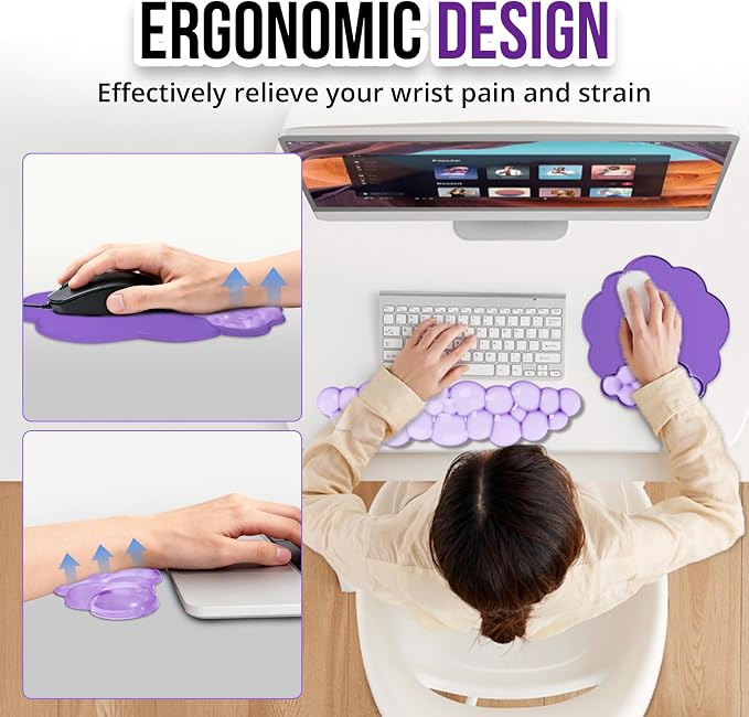 Keyboard Wrist Rest Set — Ergonomic Cloud Wrist Rest Keyboard and Mouse Pad, Non-Slip Desk Accessories for Office and Home（Purple）