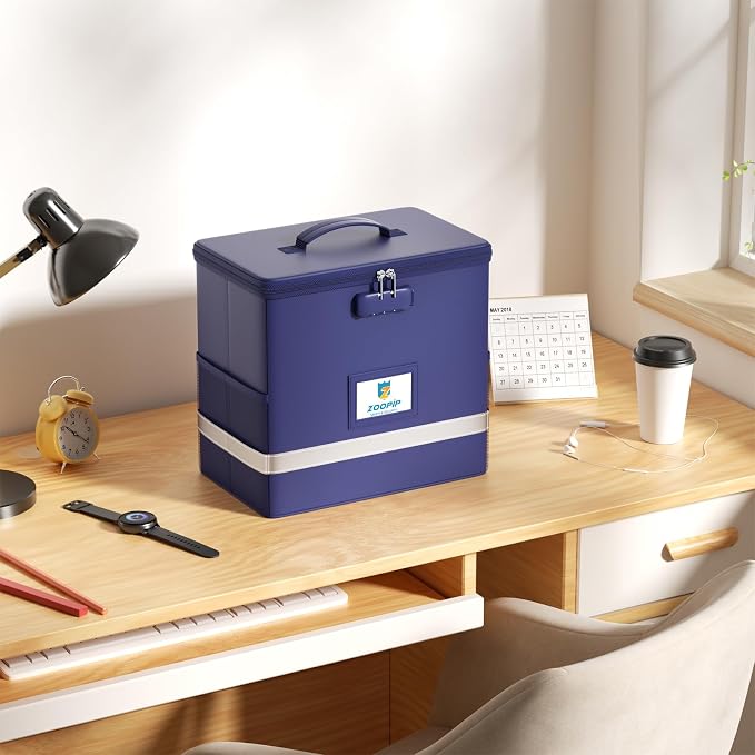Fireproof File Box with Lock, Collapsible Document Organizer, Blue | Suitable for Hanging Folders in Letter Size, Reflective Strip for Fast Find, Home Office Safe Protection,12.2"x6"x10.2"