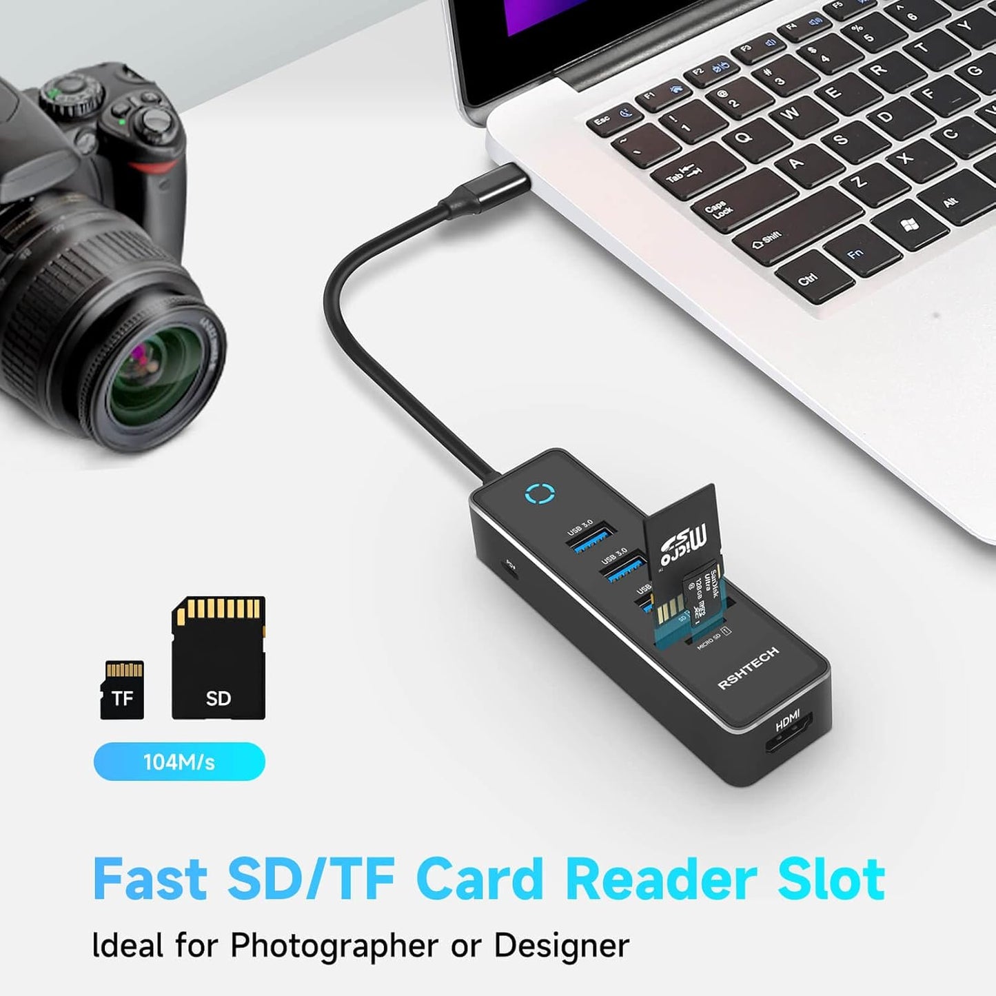 RSHTECH USB C Hub Dongle Adapter with 4K HDMI, 3 USB 3.0 Data Port, 100W Power Delivery, SD/TF Card Reader, Aluminum USB-C/Thunderbolt 3 Hub Dock for PC and Laptop, RSH-T16