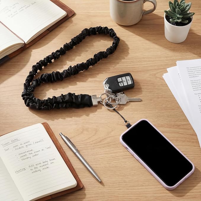 Prudiut Scrunchie Lanyards for ID Badges Retractable Teacher Lanyard Black Stretchy Scrunchie Lanyard with ID Holder (Silver Metal Key Ring)