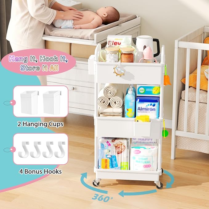 SUNALLY Baby Diaper Caddy Cart,3 Tier Rolling Diaper Cart for Nursery,White | Large Capacity & Easy Assemble Diaper Storage Organizer with Lockable Wheels for Newborn, New Mom, Baby Girl Boy Essentials