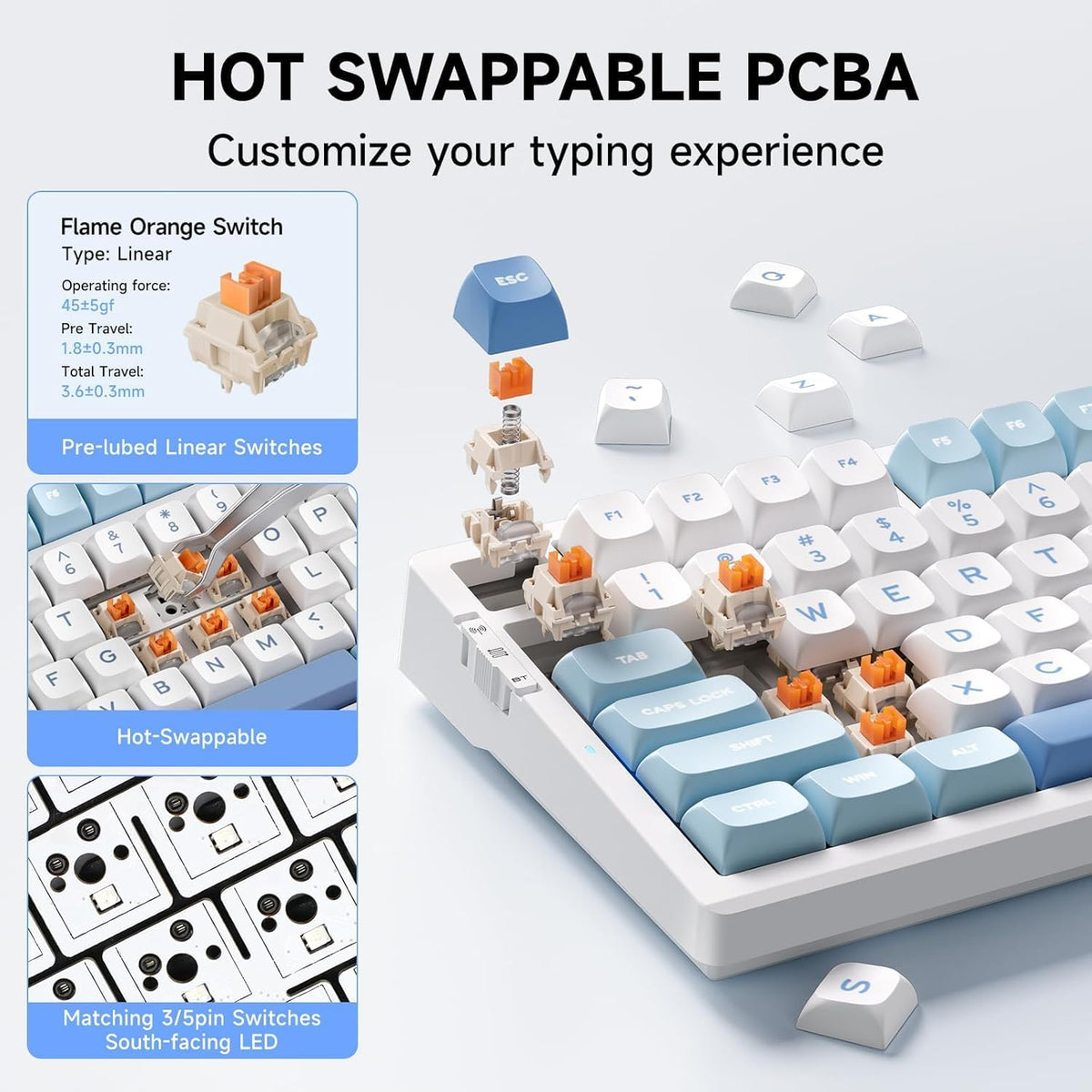 G98 PRO Wireless Gaming Keyboard, Tri-Mode Connection Mechanical Keyboard, Hot Swappable Custom Gasket Structure, Pre-lubed Linear Switches, Double Shot PBT Keycaps, RGB LED Backlit, Blue&White