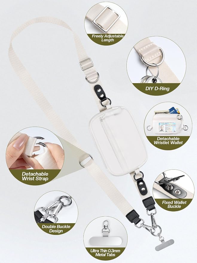 Tiostep Clip and Go Strap for Phone with Wallet Crossbody Phone Lanyard Adjustable and Detachable RFID Wristlet Wallet (Cream, Medium)