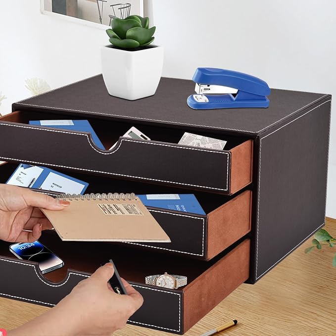 PU Leather Desk Organizer with 3 Drawers,Executive Office Supplies Desktop Filing A4 File Cabinet/Holder for Jewelry/Bill/Paper/Documents/Makeup Home Decor Stationery Storage Box,Brown