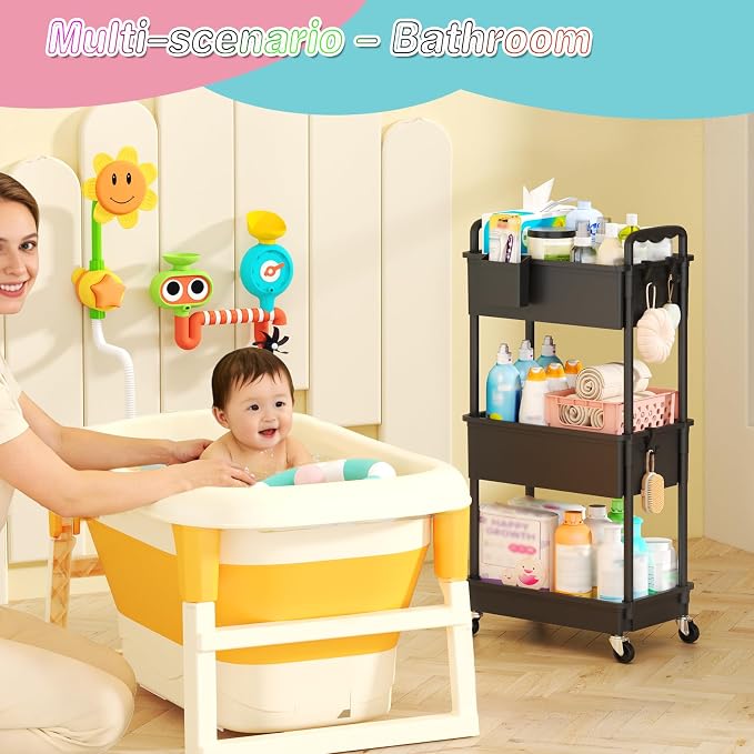SUNALLY Baby Diaper Caddy Cart,3 Tier Rolling Diaper Cart for Nursery | Large Capacity & Easy Assemble Diaper Storage Organizer with Lockable Wheels for Newborn, New Mom, Baby Girl Boy Essentials