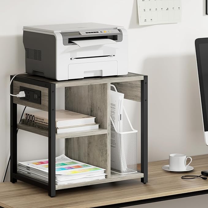 Garvee 3-Tier Printer Stand, Rolling Under Desk Printer Cart with Lockable Wheels, Industrial Mobile Printer Table with Power Outlets, USB Ports & Paper Storage Shelf for Home, Office, Retro Gray