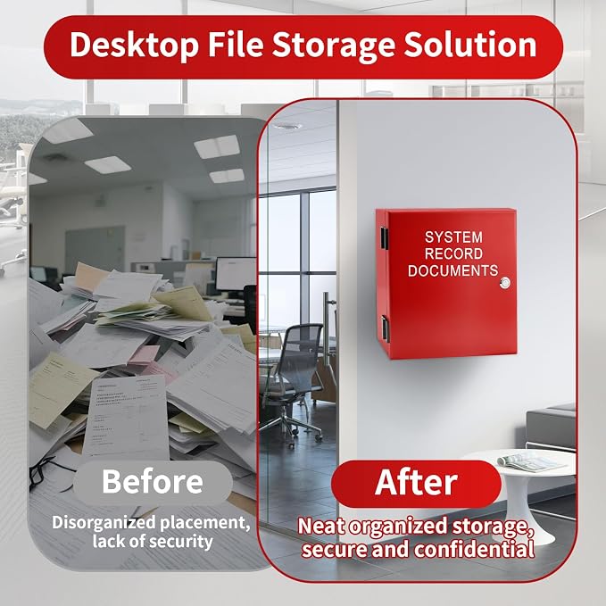 System Record Documents Enclosure, 13.8 X 13.8 Inch Fire Box for Documents, System File Cabinet Locking Document Storage for Office Home with Adjustable Spring Bookends, Red