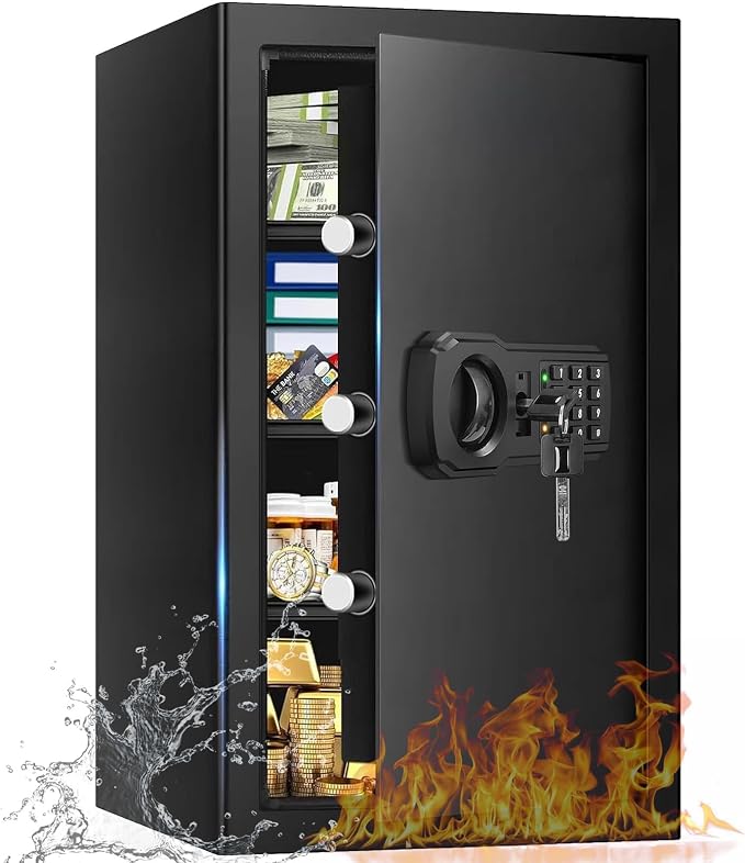 5.1 Cuft Large Home Safes Water and Fireproof with Digital Keypad & Key Lock, Fire Security Safes with 3 Removable Shelves, Anti-Pry Safe Box for Money Documents Jewelry, 23.62"H x14.96"W x 12.2"D