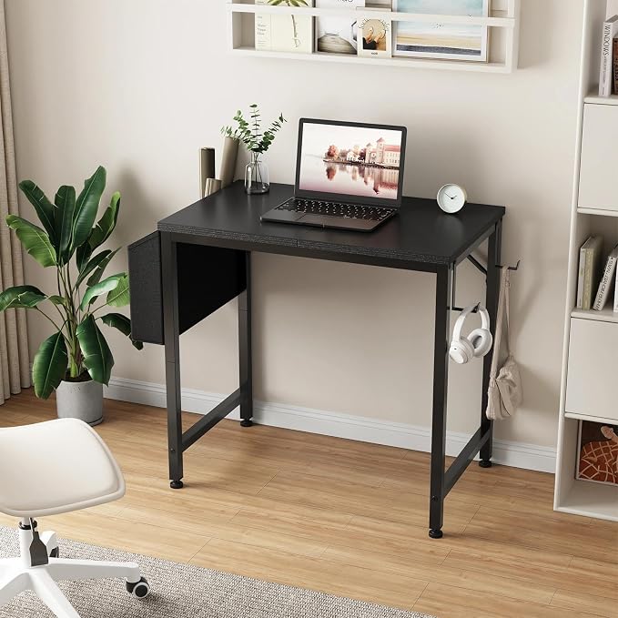Lufeiya Small Desk for Small Spaces, 24 Inch Kids Girls Study Writing Mini Desks for Bedroom, Simple Modern Laptop PC Little Side Table with Storage Bag Headphone Hooks, Black