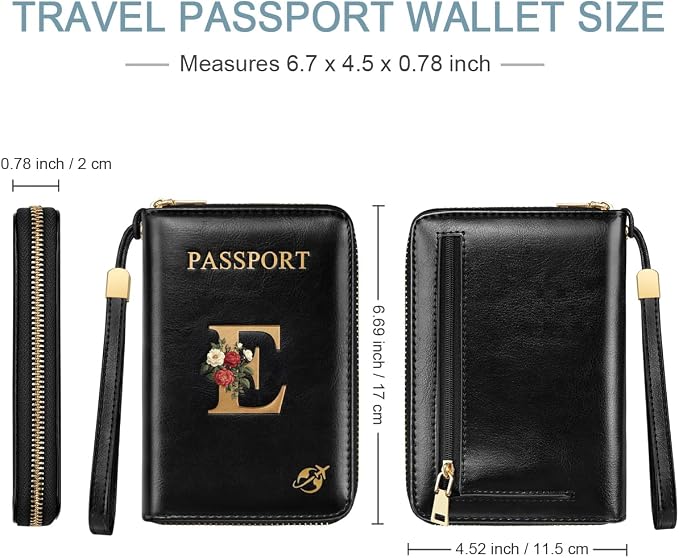 Passport Holder for Travel Personalized Wallet with Wristlet Women | Passport Cover, RFID Blocking, Passport Book Holders, Back Coin Pocket, Zipper Closure, Roses Initial Letter, Black E