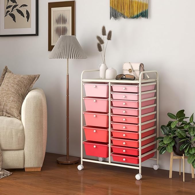 15 Drawer Rolling Storage Cart, Rolling Cart with Drawers for Classroom, Art Supply Craft Organizer on Wheel with Metal Frame & Handles for Home Office School