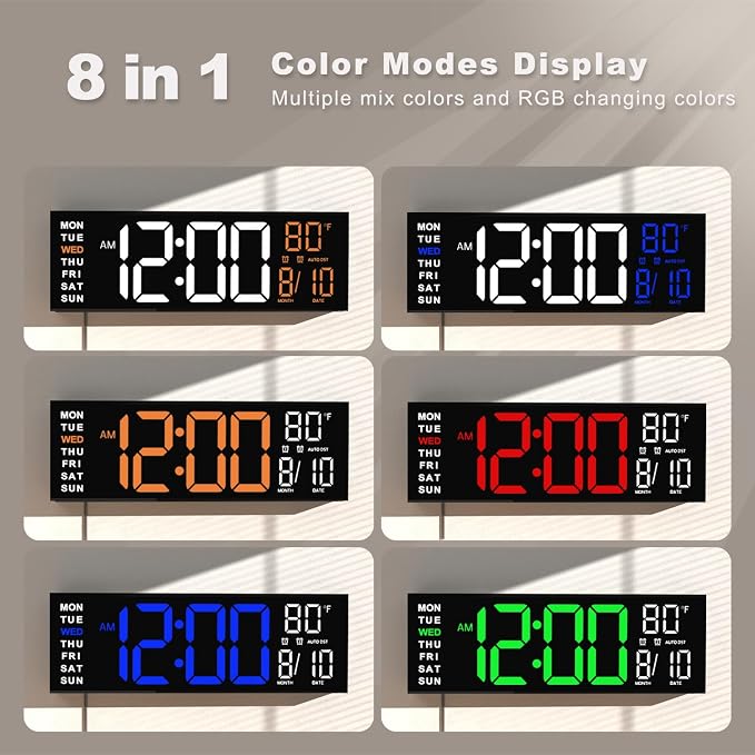 JALL 16" Large Digital Wall Clock with Remote, Big LED for Seniors, Auto Dimming, 8 RGB Colors, Night Light, Count Down Timer, Alarm, DST, Temperature for Living Room, Back to School Classroom