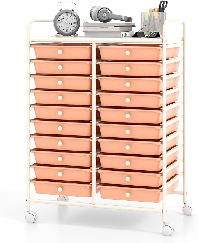 RELAX4LIFE 20-Drawer Rolling Storage Cart - Mobile Rolling Cart w/Drawers for School Classroom Teacher Office Home Salon, Paper File Art Supply Craft Organizer, Utility Cart on Wheels (Pink)