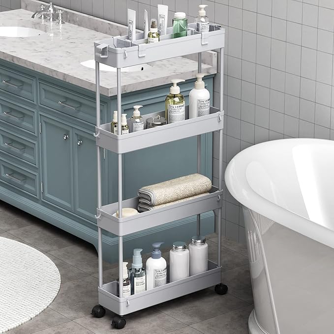 Slim Storage Cart 4 Tier,Bathroom Organizer Rolling Utility,Mobile Shelving Unit Slide Out for Office, Kitchen, Laundry Room & Narrow Places,Gray