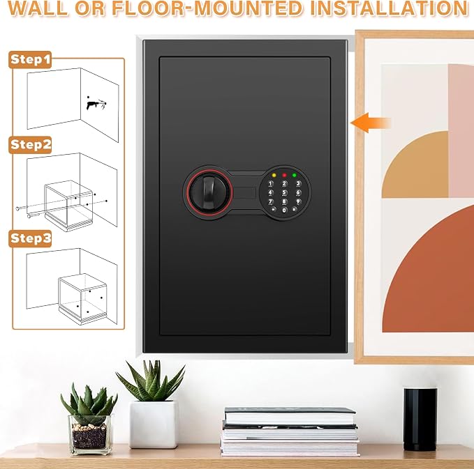 [23.6" Tall] Large Safe Box with Fireproof Bag for Home Use | LED Light, Digital Keypad, Spare Keys and 3 Removable Shelves, Wall/Floor Mountable Security Safes for Documents