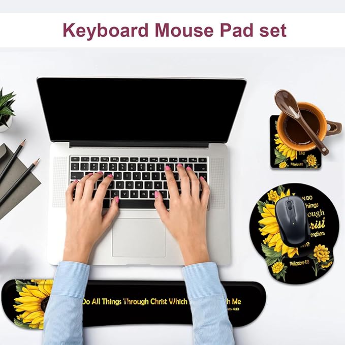 Keyboard Wrist Rest and Mouse Wrist Rest Pad with Cup Coaster,Made of Memory Foam,Ergonomic Support,Easy-Typing and Pain Relief,for Gaming Office Home Computer,Sunflower