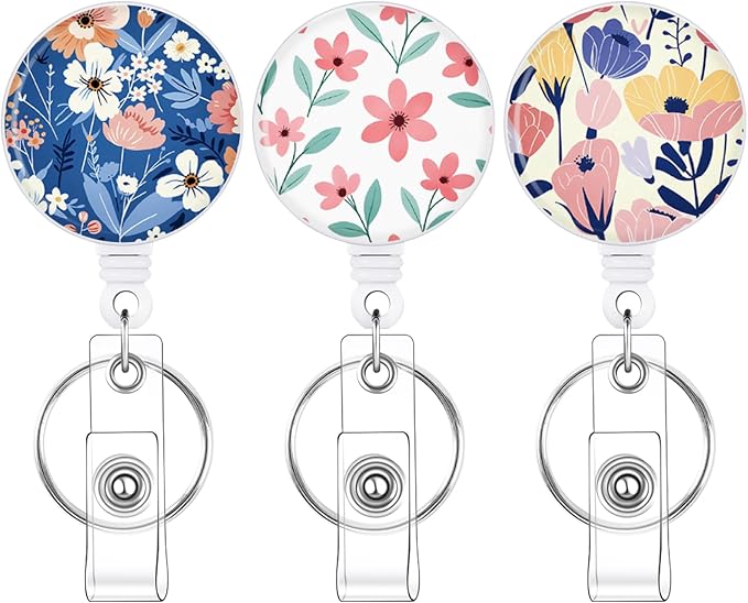 BESARME 3 Pack Badge Reels Retractable Badge Clip with Key Ring Retractable Badge Holders for Office Worker Teacher Nurse Student（Flower）