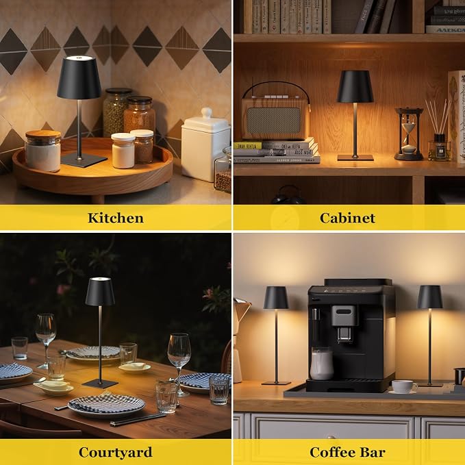 Kakanuo Cordless Rechargeable Table Lamp Black 5000mAh Battery Operated Lamps, 3 Colors Stepless Dimming Touch Lamp for Dining, Living Room, Outdoor Patio, Kitchen Counter, 4 Pack