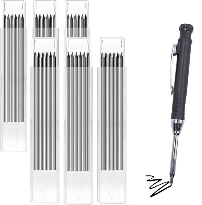 TuTuYa 36Pcs 2.8mm Pencil Refill Black, with 1 Carpenter Pencil w/Sharpener | Waterproof Lead Refills Replacement, Long Reach/Deep Hole/Long Nose for Architect &Carpenter Woodwork Construction Building