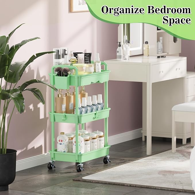 SUNALLY 3 Tier Rolling Cart with Drawer, Craft Storage Cart Organizer,Green | Bathroom Storage Organizer with 2 Lockable Wheels, Rolling Utility Cart for Kitchen, Office, Baby, Makeup, Nail,Snack,Laundry