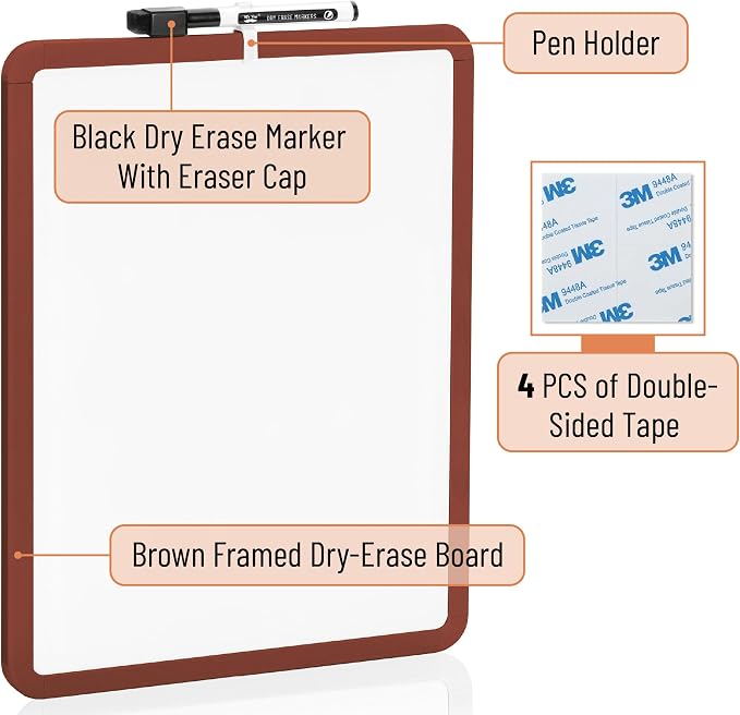 Mr. Pen- Dry Erase Board, 14” x 11” with a Black Dry Erase Marker | Chocolate Brown Frame, Small Mini White Board for Students, Fridge, Wall, Locker, Includes Double Sided Tapes