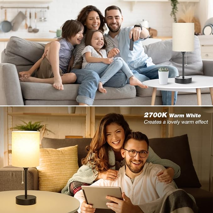 Small Bedside Table Lamp for Bedroom - Desk Lamp with USB Ports for Dorm | USB A+C Ports, AC Outlet, 3 Color Temperatures, LED Bulb Included, Beige Fabric Shade, Matte Black Base
