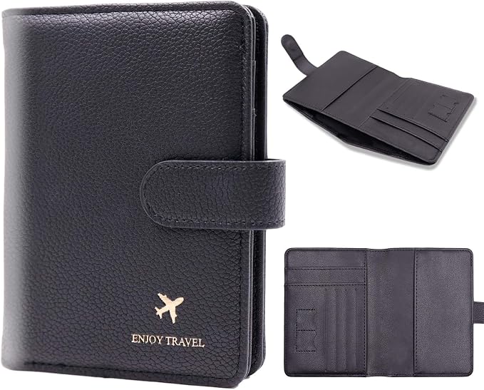 Cnycmy Passport Holder with RFID Blocking, Cash Pocket & Back Zipper Coin Pocket - Travel Document Holder, Magnetic Button, Multiple Card Slots - Soft PU Leather for Men and Women (BLACK)