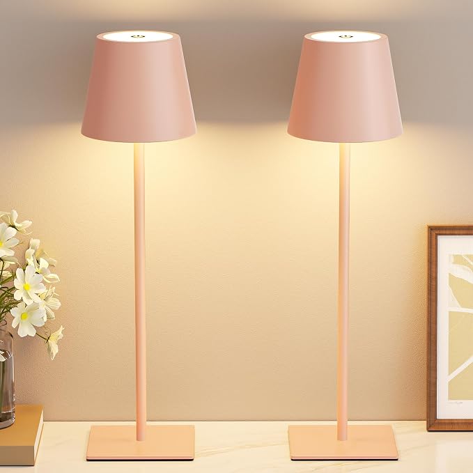 Kakanuo Pink Cordless Rechargeable Table Lamp 5000mAh Battery Operated Lamps, 3 Colors Stepless Dimming Touch Lamp for Living Room, Kitchen Counter, Dining, Outdoor Patio, 2 Pack
