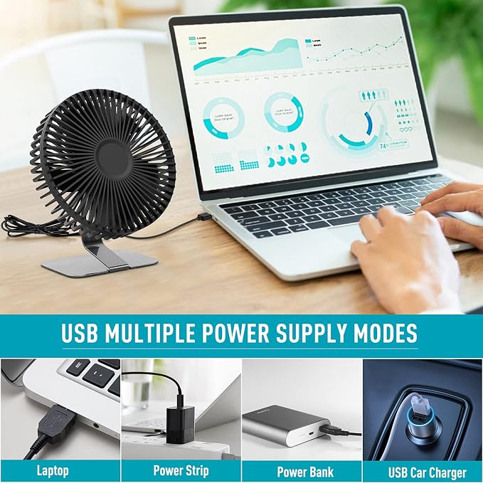 SLENPET 6-inch USB Small Desk Fan, 4 Speeds, Powerful Desktop Table Fan | Ultra-quiet, 90° Adjustment for Better Cooling, Portable Mini Personal Fan for Home Office, Metal Base, Black