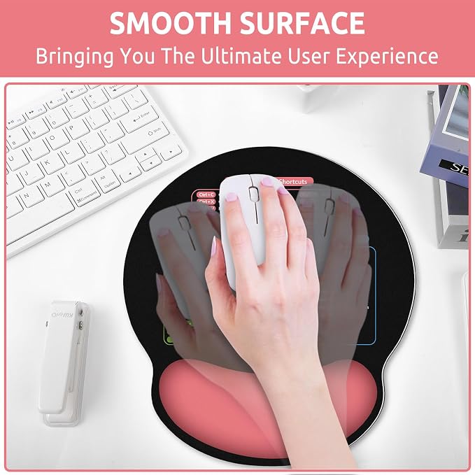 KONVINIT Ergonomic Mouse Pad with Wrist Rest, Small Excel Cheat Sheet Desk Pad with Windows & Office & Excel Shortcuts, Non-Slip Rubber Base Mouse Pads for Desk with Smooth Surface, Black Pink