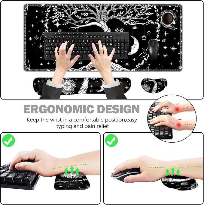 ToLuLu Extended Gaming Mouse Pad, Memory Foam Keyboard Mouse Wrist Rest | Ergonomic Support Set, Large Desk Mat with Stitched Edges, Non-Slip Base Mousepad for Home Office Game and Study, Moon & Sun