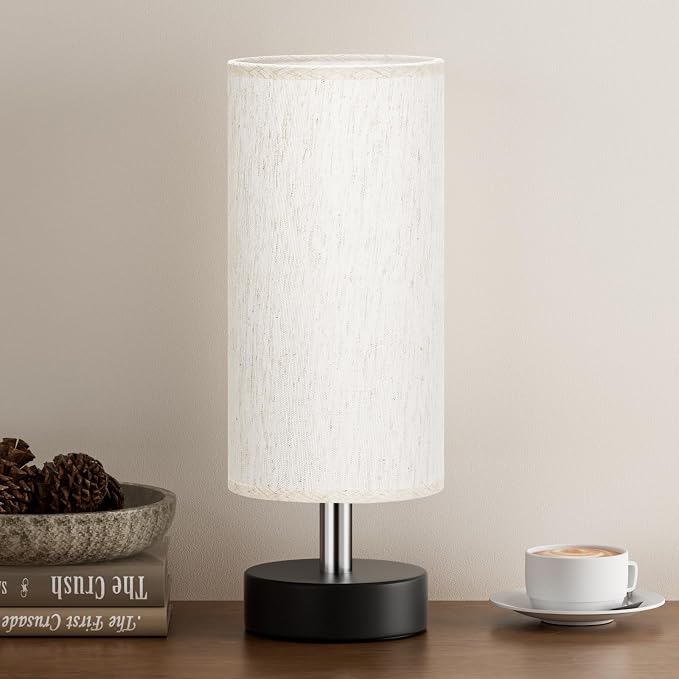 PartageiZ Small Table Lamp for Bedroom - Bedside Lamps for Night Stands | Bulb not Included | Minimalist Desk Lamp | Linen Fabric Shade | for Living Room | for Dorm | 11.6" Inline Control