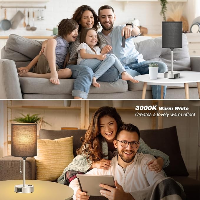 Small Bedside Table Lamp for Bedroom - Desk Lamp with USB Ports for Dorm | USB A+C Ports, AC Outlet, 3 Color Temperatures, LED Bulb Included, Black Fabric Shade, Sleek Silver, 14" Night Stand Lamp